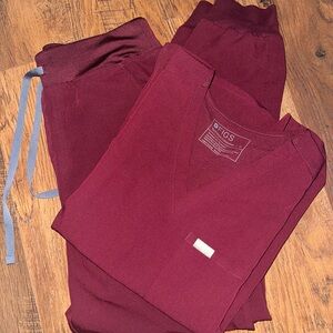 FIGS scrubs burgundy set, one pocket top and high waisted Zamora pants